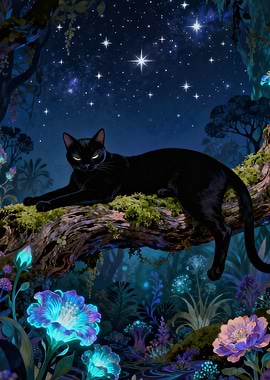 Black Cat in a Mystical Forest