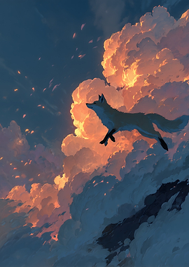 Fox Leaping Through Sunset Clouds