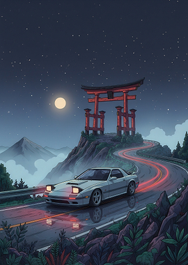 Car Driving Past Torii Gate at Night
