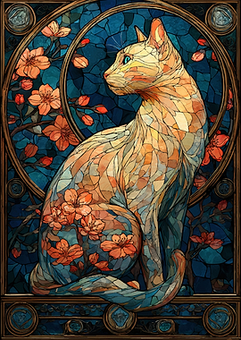 Stained Glass Cat with Flowers