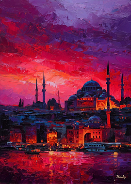 Expressionist Istanbul Skyline Dramatic Sunset Cityscape