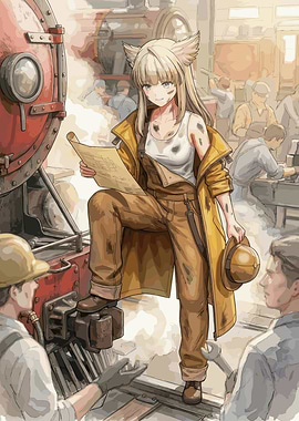 Anime Mechanic with Blueprint and Train