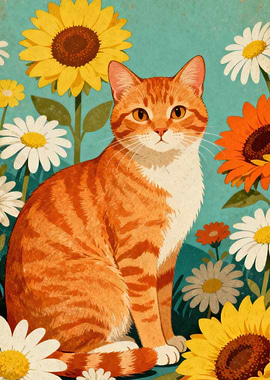 Orange Tabby Cat in a Field of Flowers