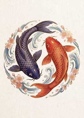 Yin Yang Koi Fish and Cherry Blossoms