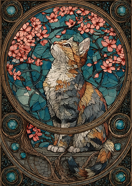 Stained Glass Cat with Cherry Blossoms