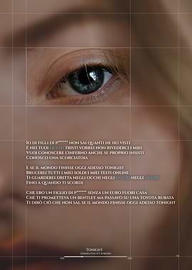 Close-up of a human eye with lyrics