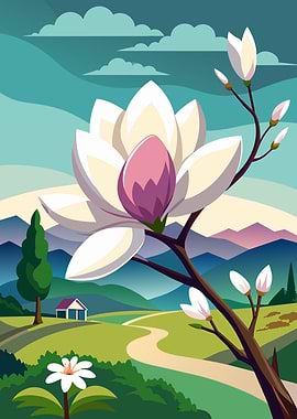 Magnolia Blossom in a Spring Landscape