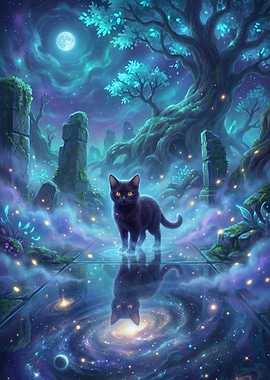 Black Cat in a Mystical Forest