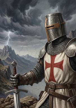 Knight with Sword in Stormy Landscape