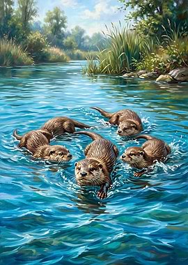 Otters playing in a river