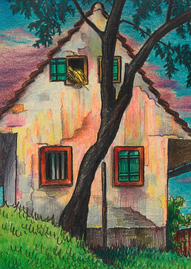 Rustic House with Tree and Hay