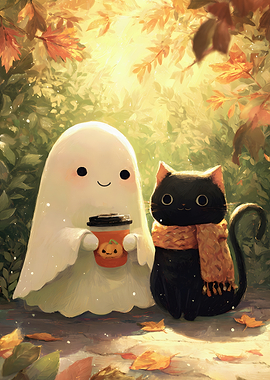 Cute Ghost and Cat with Coffee