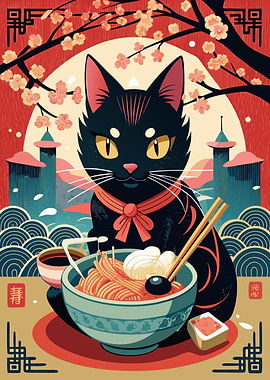Black Cat Eating Ramen