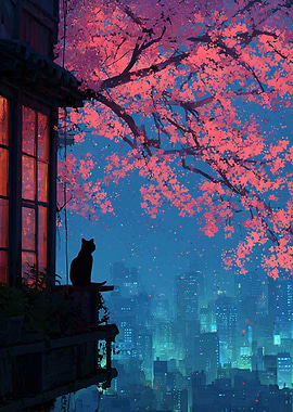 Cat on a balcony under cherry blossoms