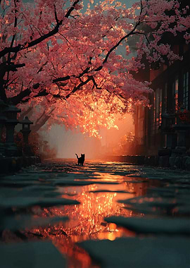 Black Cat Under Cherry Blossoms