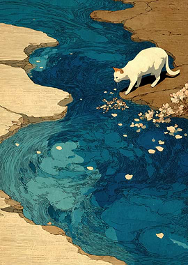 Cat by a flowing river with petals