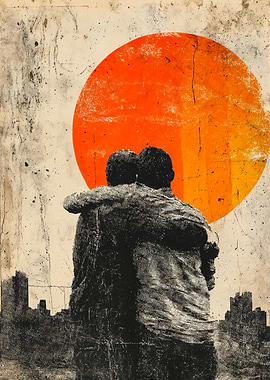 Couple Hugging Sun Cityscape Art