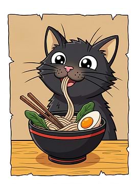 Cute Black Cat Eating Ramen Food