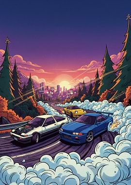 Drifting Cars at Sunset