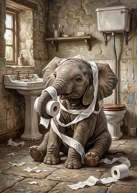 Baby Elephant in Bathroom with Toilet Paper