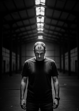 Man in dark warehouse