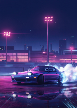 Retro Car Drifting at Night