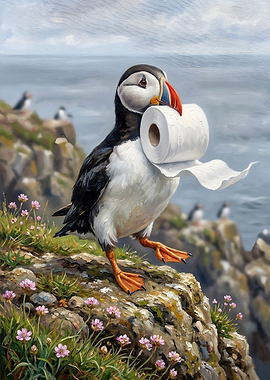 Puffin carrying toilet paper