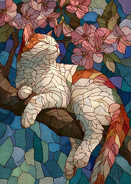 Stained Glass Cat Amongst Flowers