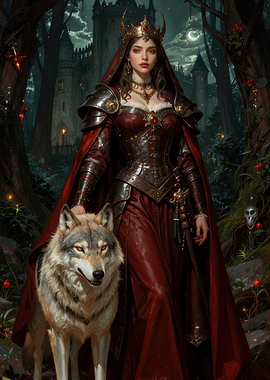 Queen with Wolf in Dark Forest