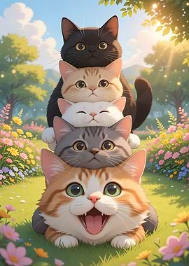 Stack of Cute Cats in a Garden Cartoon