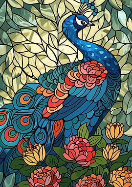 Stained Glass Peacock with Flowers