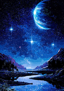 Alien Planet Landscape with Earth