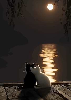 Two cats watching the moonlit water