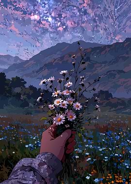 Hand holding daisies under starry sky