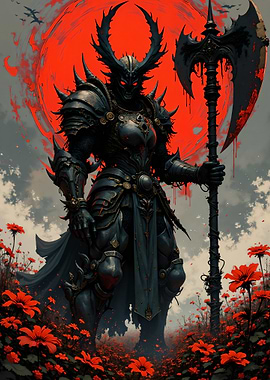 Dark Knight with Red Sun and Flowers