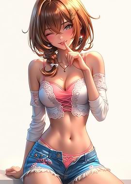 Anime Girl in Lingerie and Denim Shorts