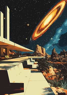 Retro Sci-Fi Desert Landscape with Galaxy