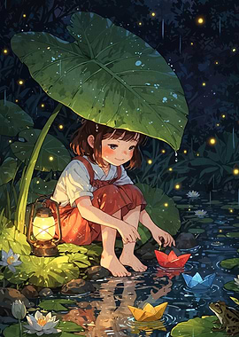 Girl under leaf with paper boats