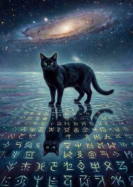Mystical Black Cat in Cosmic Reflection