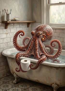 Octopus in a Bathtub with Toilet Paper