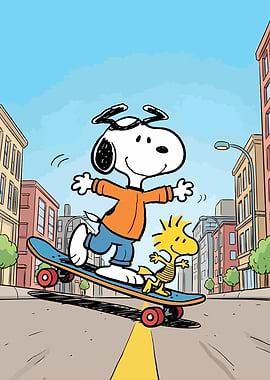 Snoopy and Woodstock skateboarding in the city