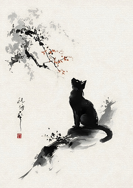 Black Cat Gazing at Cherry Blossoms