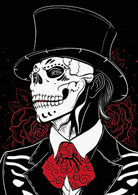 Skeleton Man in Top Hat with Roses