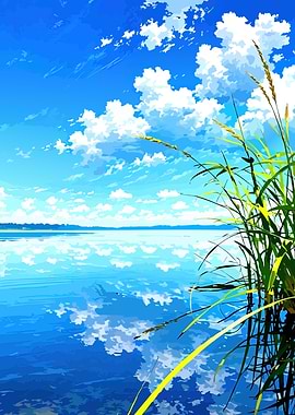 Serene Lakeside with Reeds and Sky Reflection