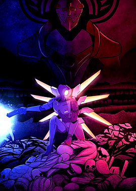 Robot warrior in a pile of bodies