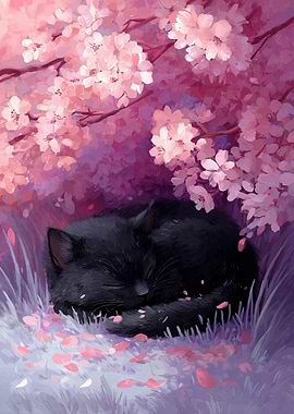 Black Cat Sleeping Under Cherry Blossoms