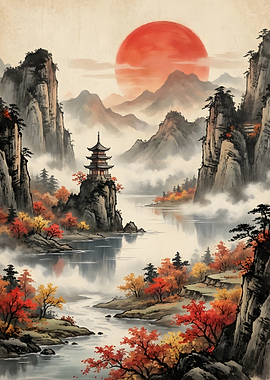 Pagoda in a Misty Mountain Landscape