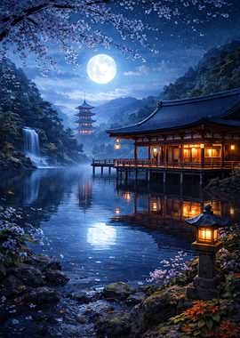 Japanese Pagoda by Moonlight