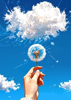 Hand holding dandelion against blue sky