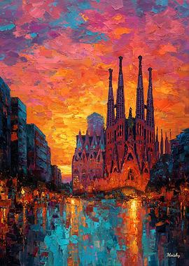 Expressionist Barcelona Skyline Colorful Urban Sunset